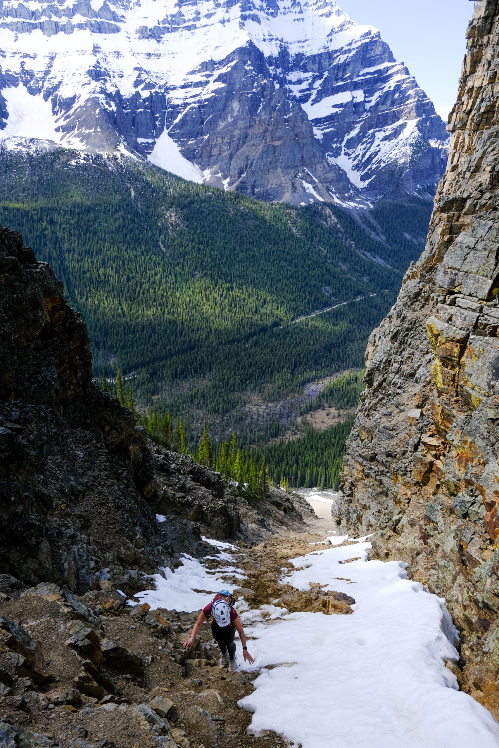 Toward the top of the gully on the Tower of Babel. Poles away and using all fours.