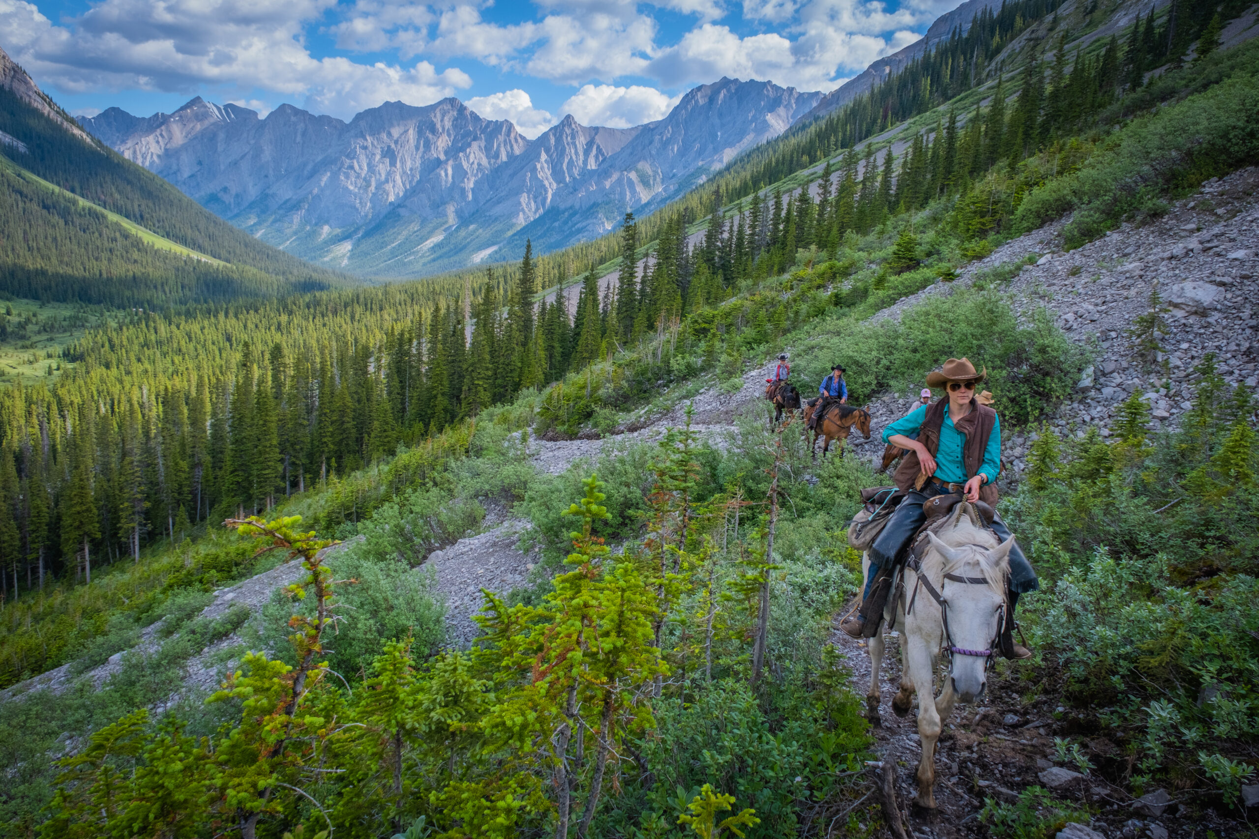 Horseback Riders Climbing Allenby Pass In Banff