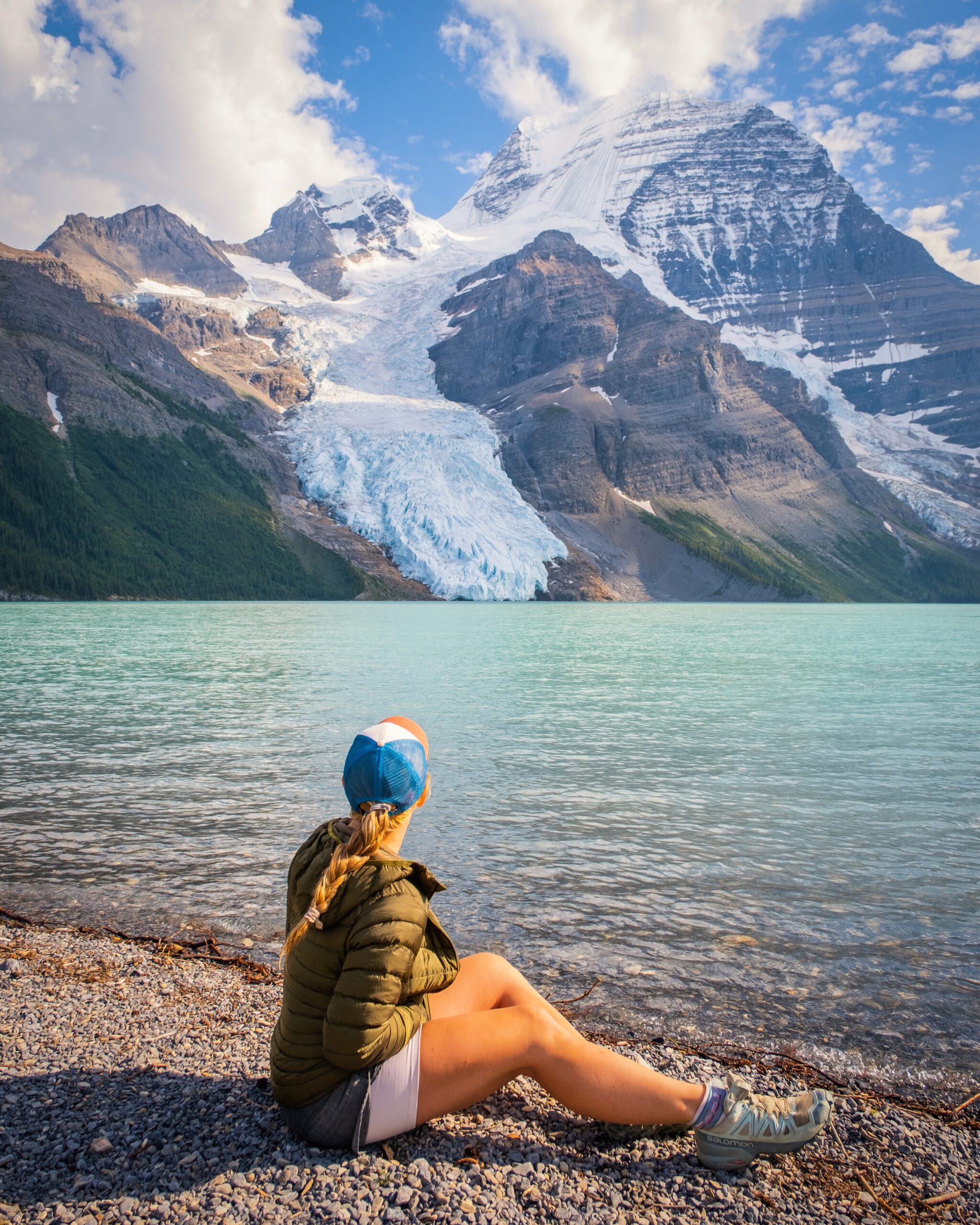 Natasha In A Down Jacket Looks Across Berg Lake To Mount Robson