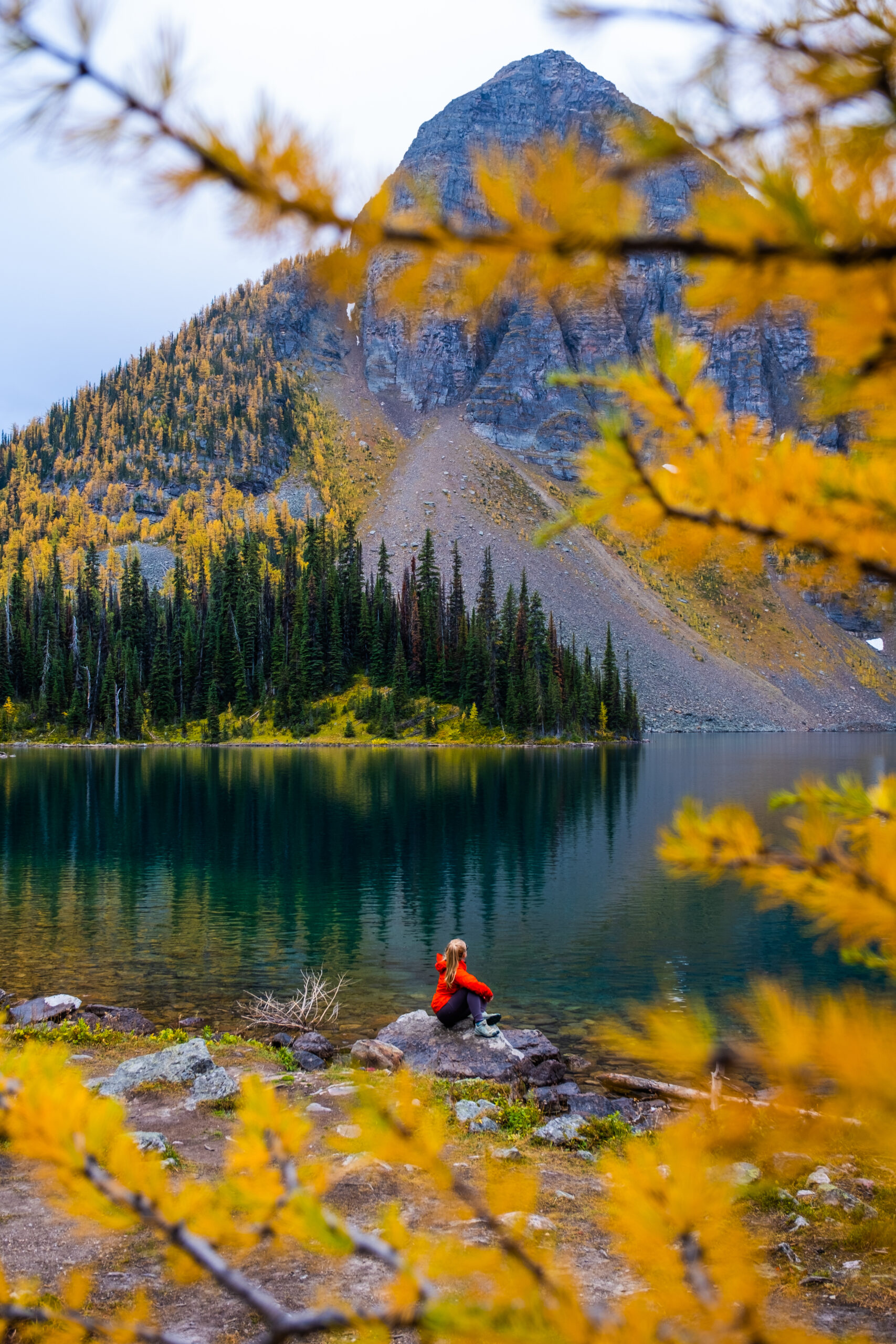 Natasha sits along Egypt Lake In Banff with golden larches around