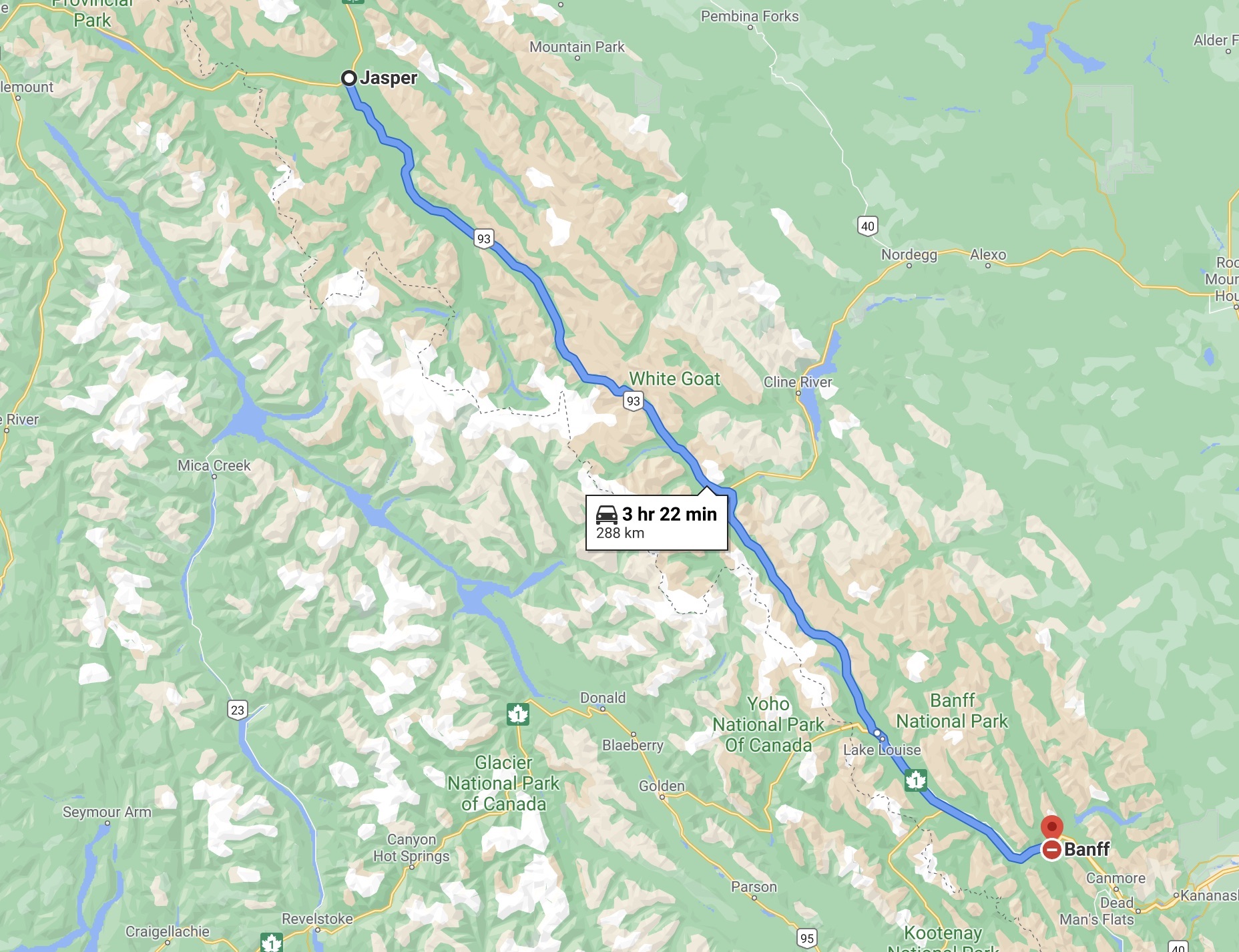 Jasper To Banff Map 