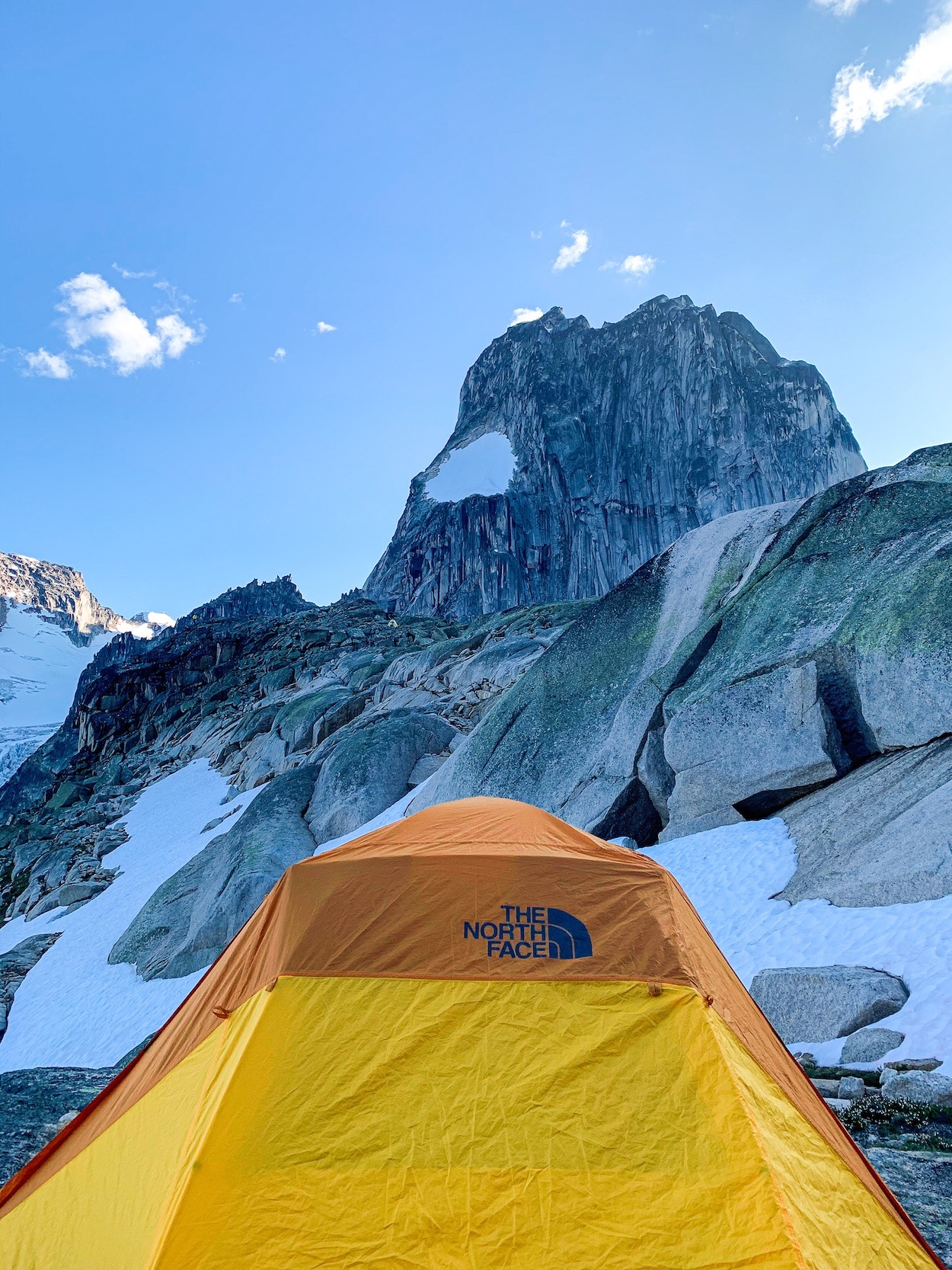 Our yellow north face with a massive spire in the background