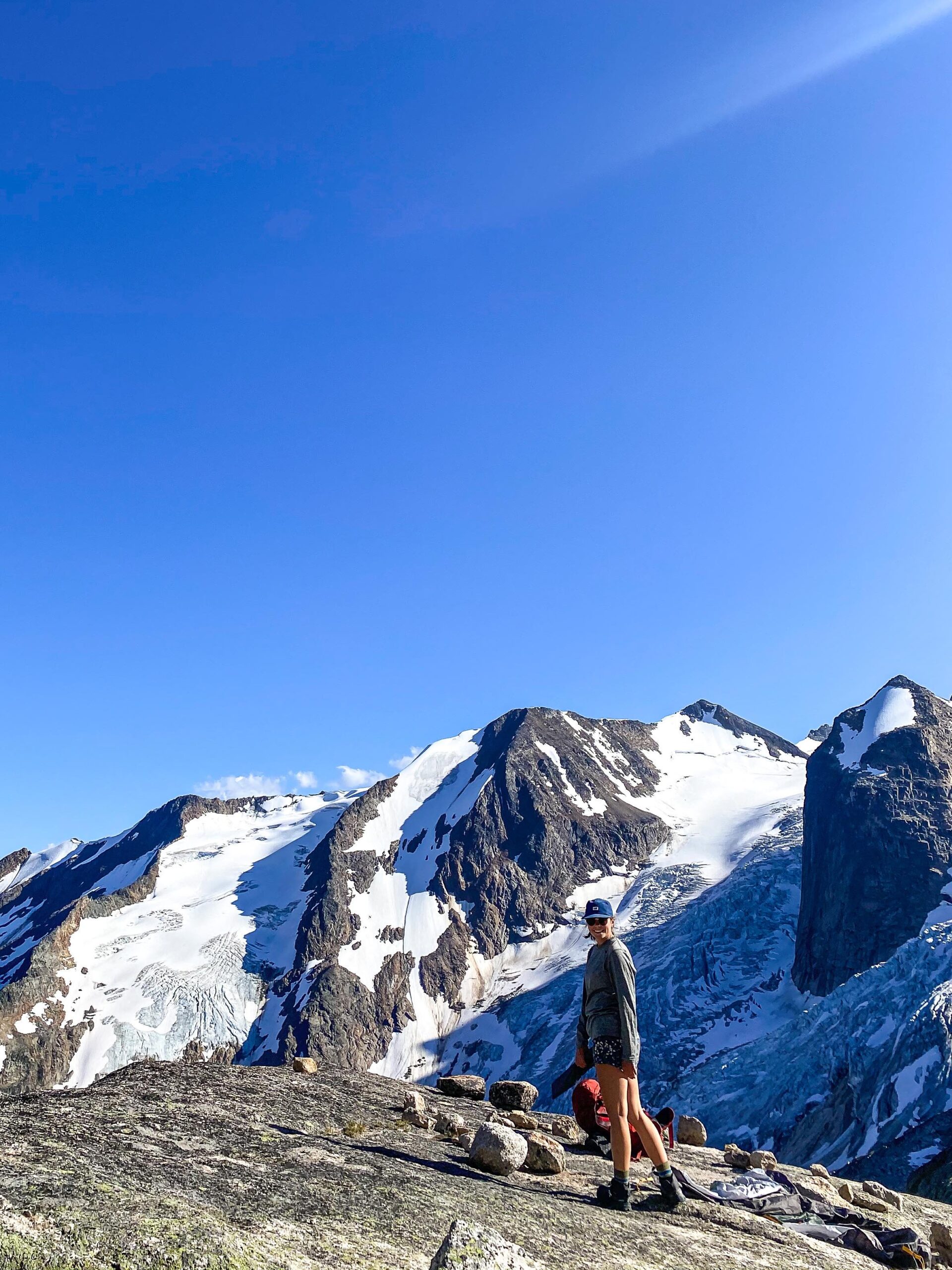 Regan standing infront of the Bugaboo Glacier