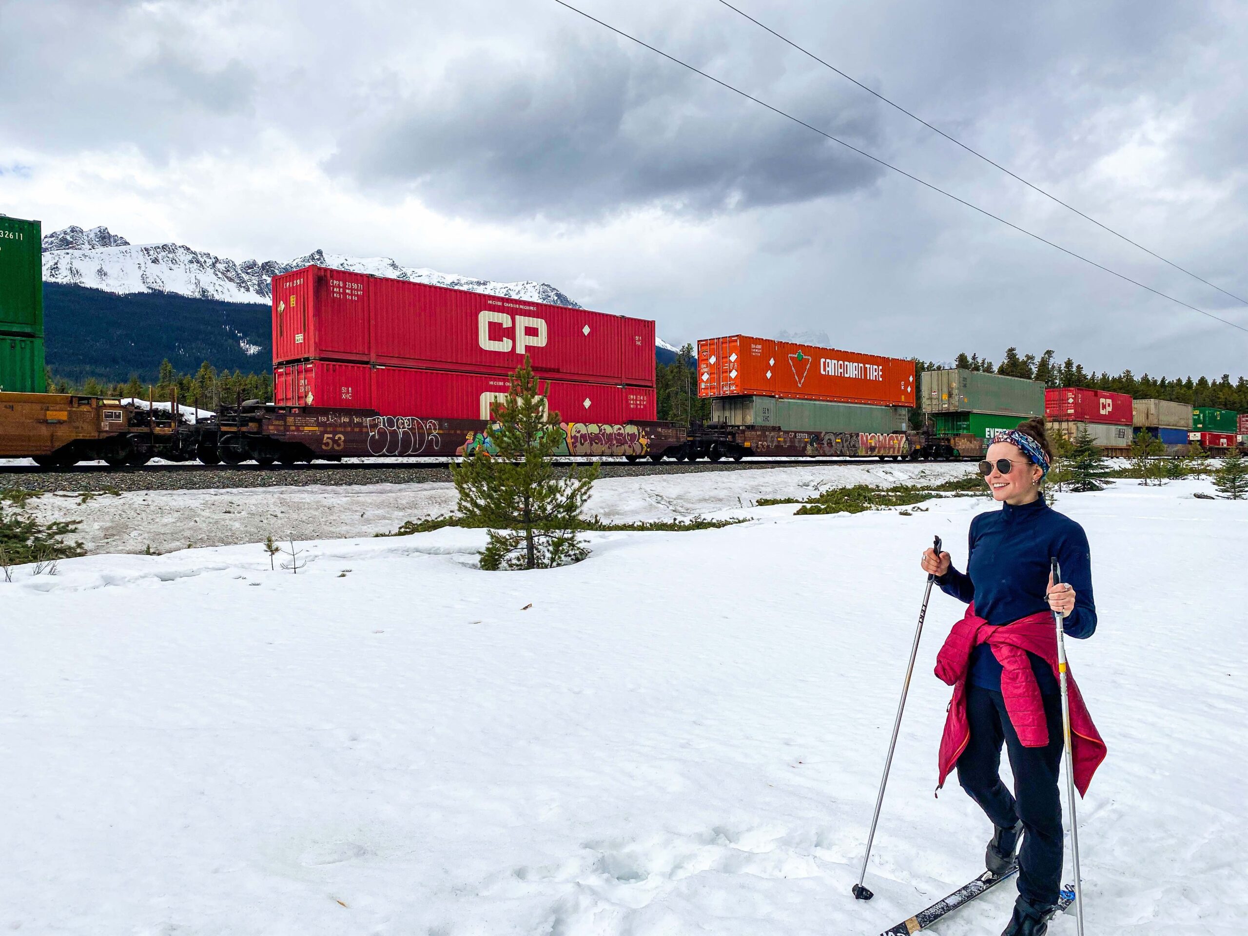 Cross country skiing along the railway