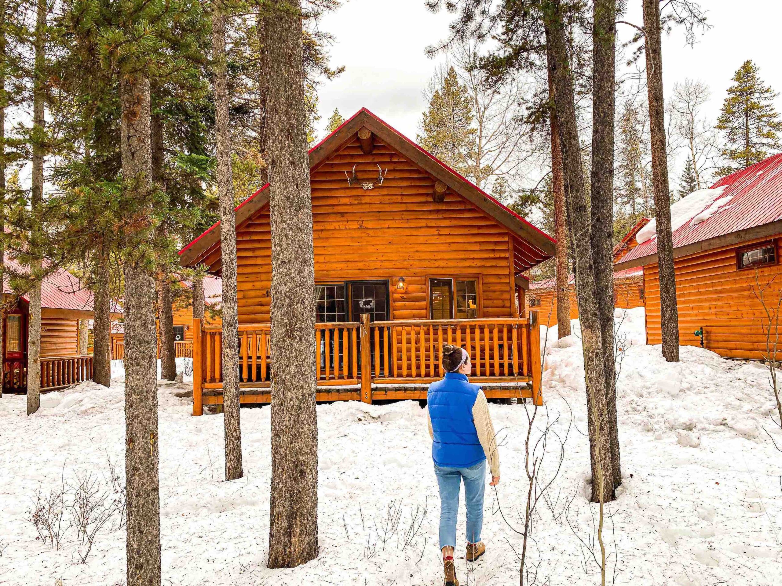 Walking in front of the cabin, between the trees