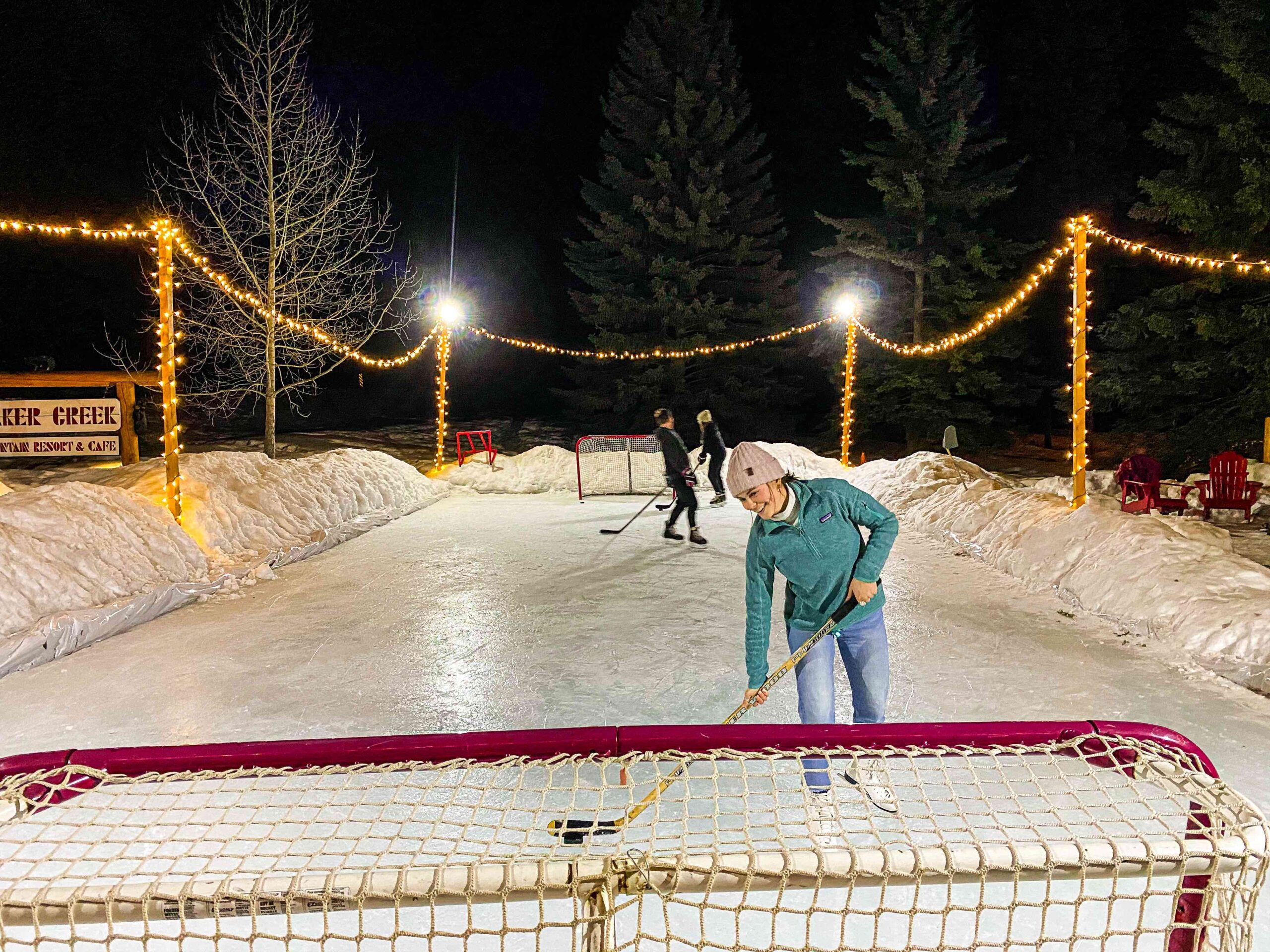 Shooting pucks at the Baker Creek skating rink