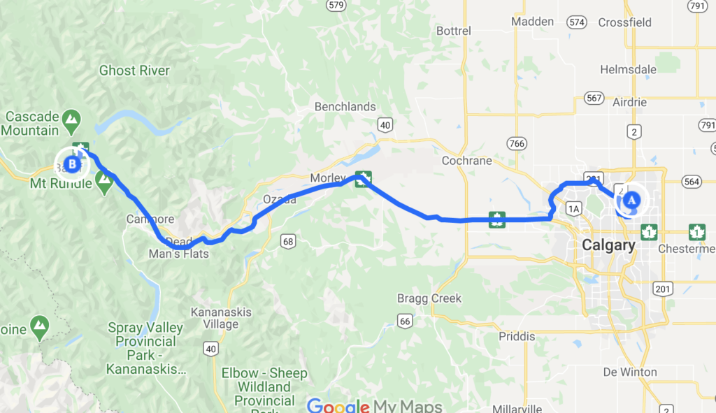 Google Maps Route From Calgary To Banff Via The 1A