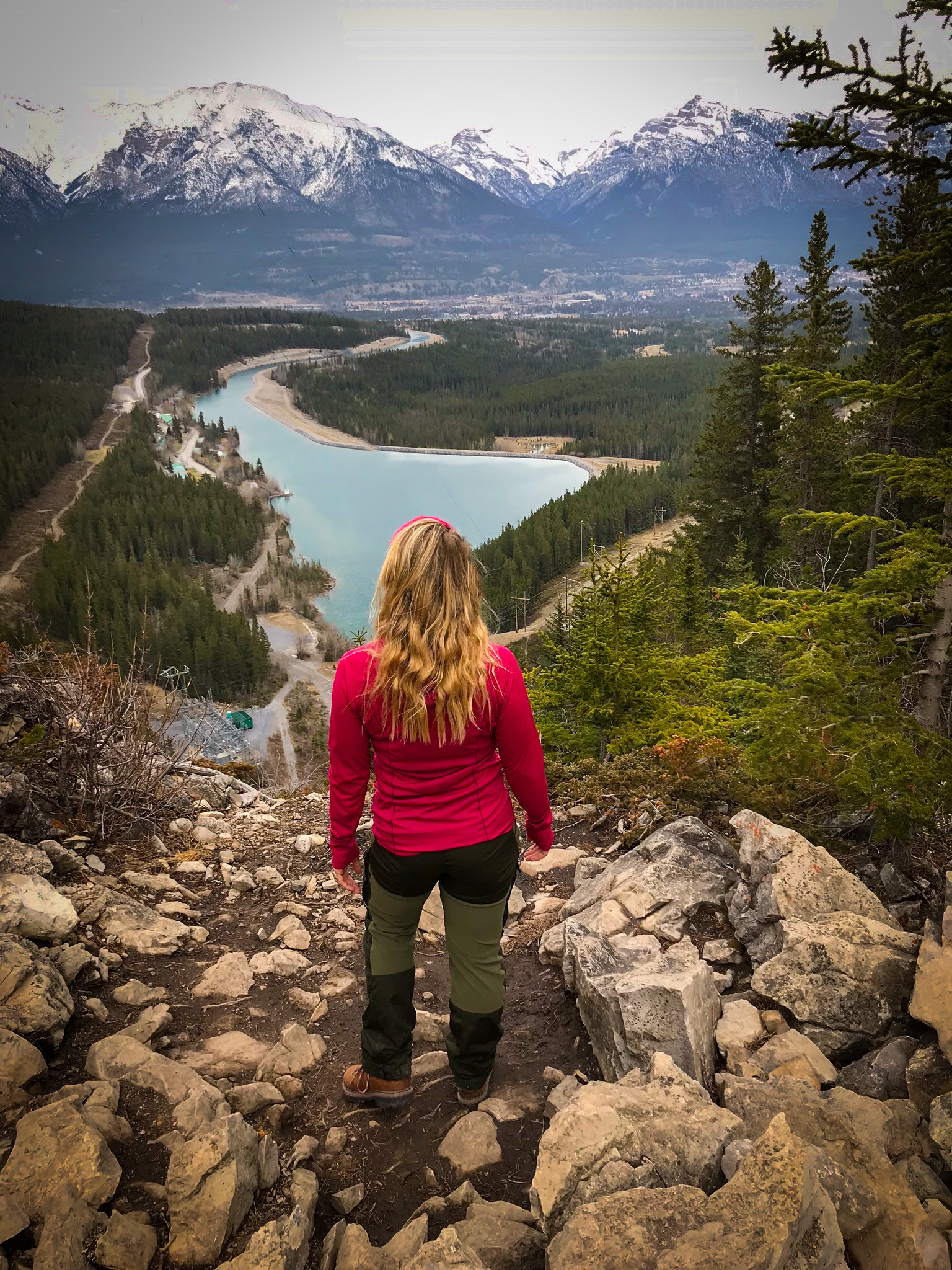 The view of the Canmore Reservoir from Grassi Lakes in Late April