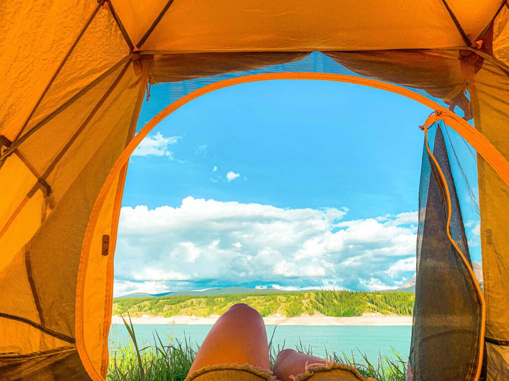 Looking out through the door of the tent at Abraham Lake 