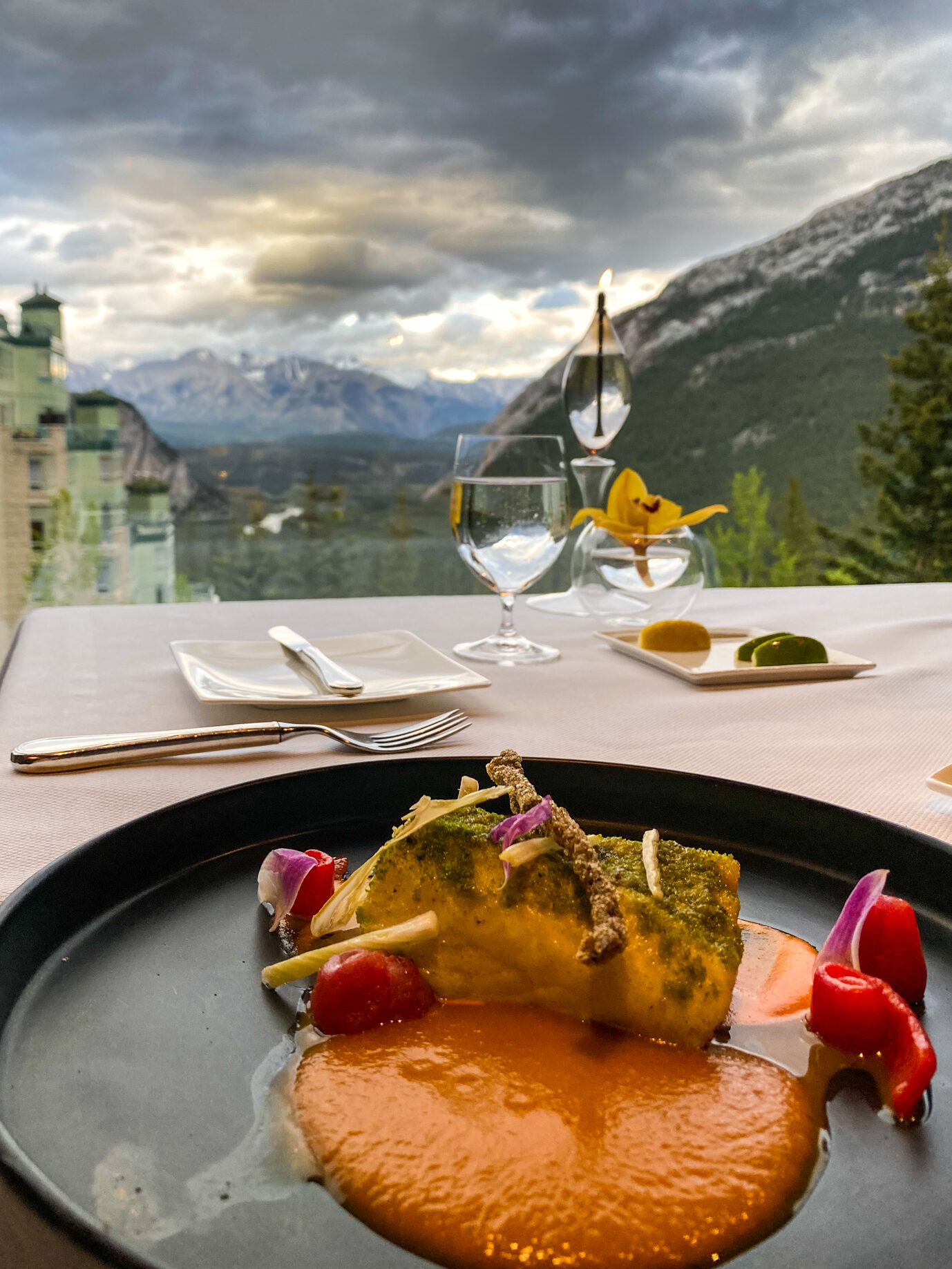 The Halibut Entree from Eden enjoyed with a view of Cascade Mountain