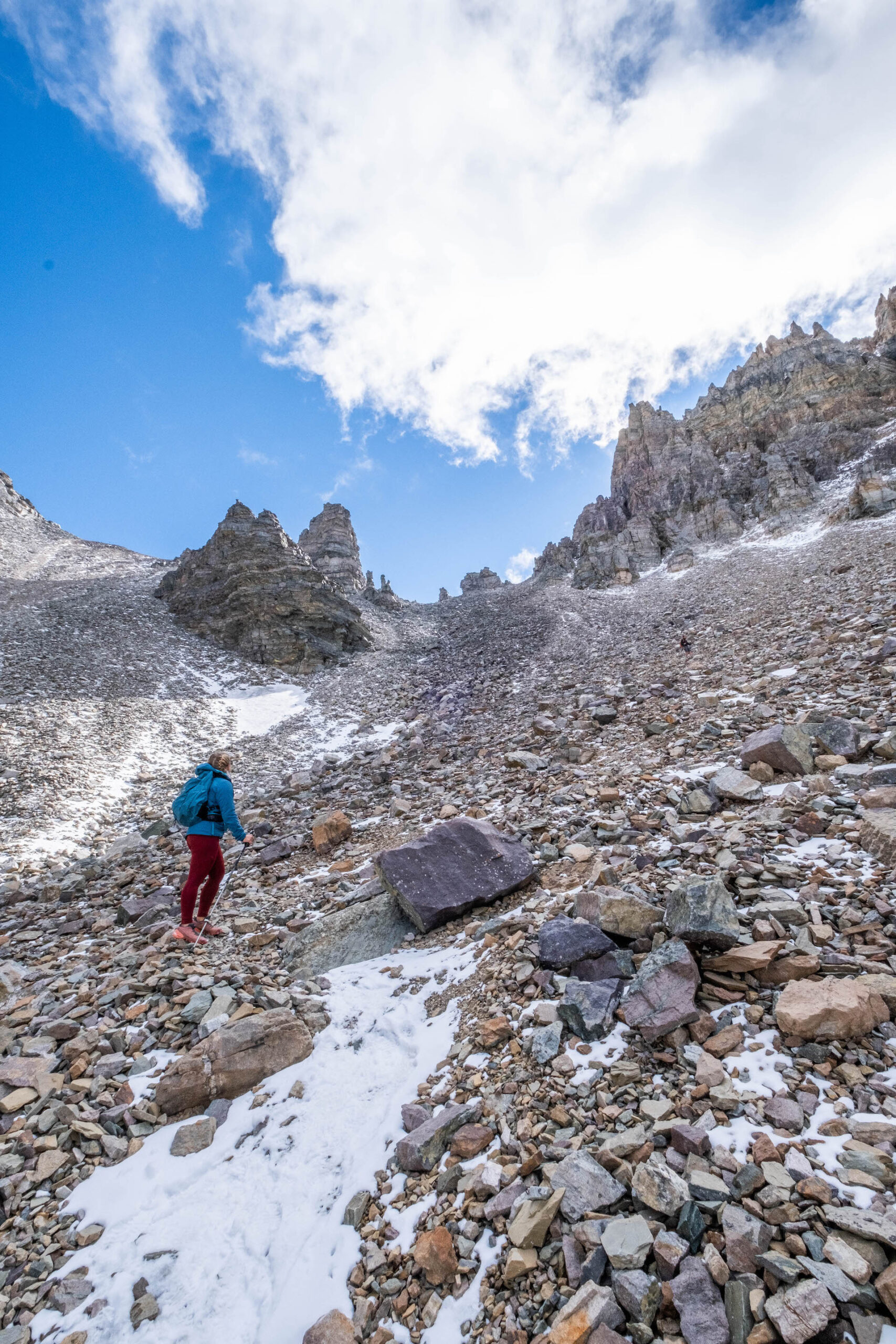 Descending Sentinel Pass. It was fairly rough terrain. Poles helped as there was snow on the trail.