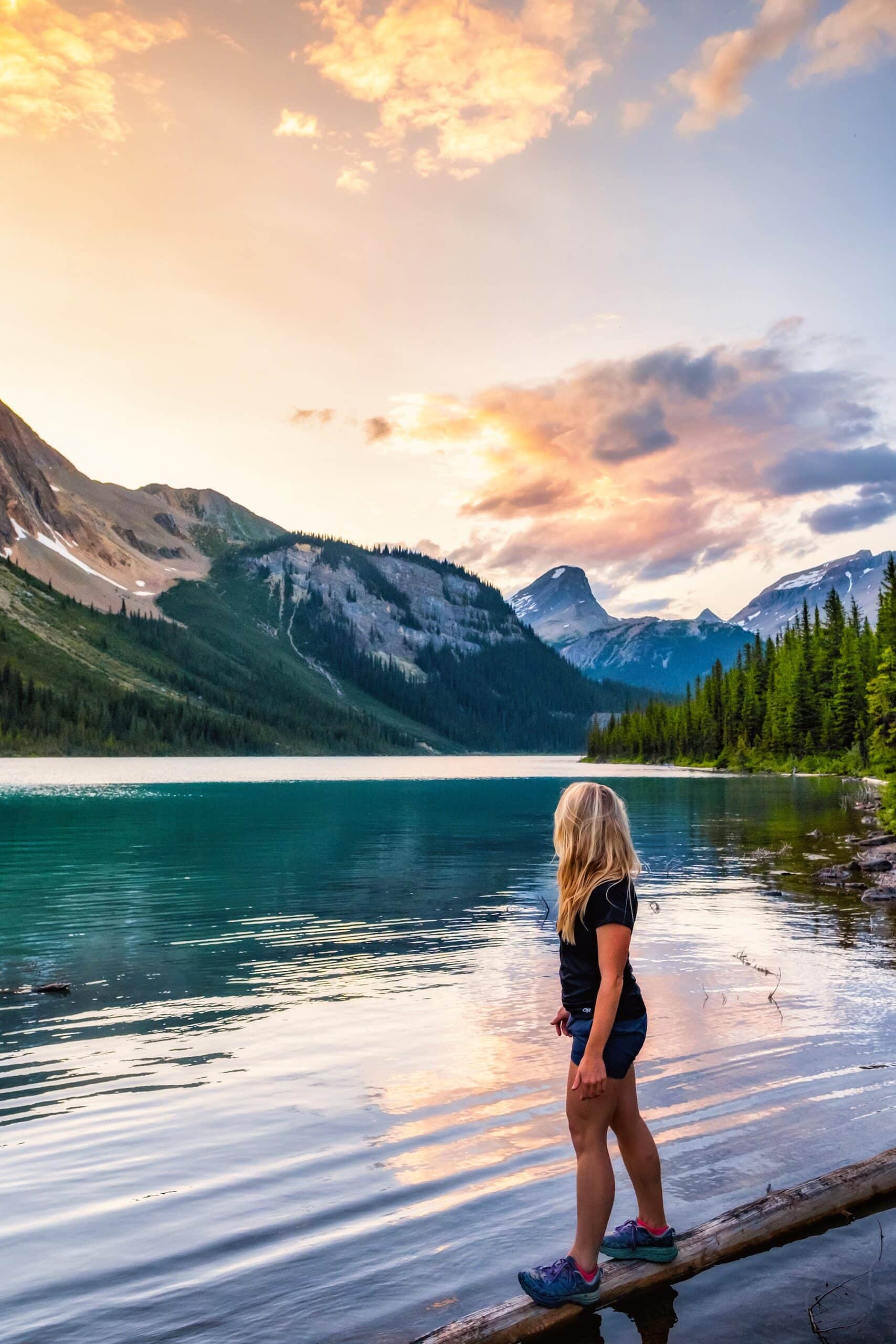 natasha at sherbrooke lake in yoho at sunset