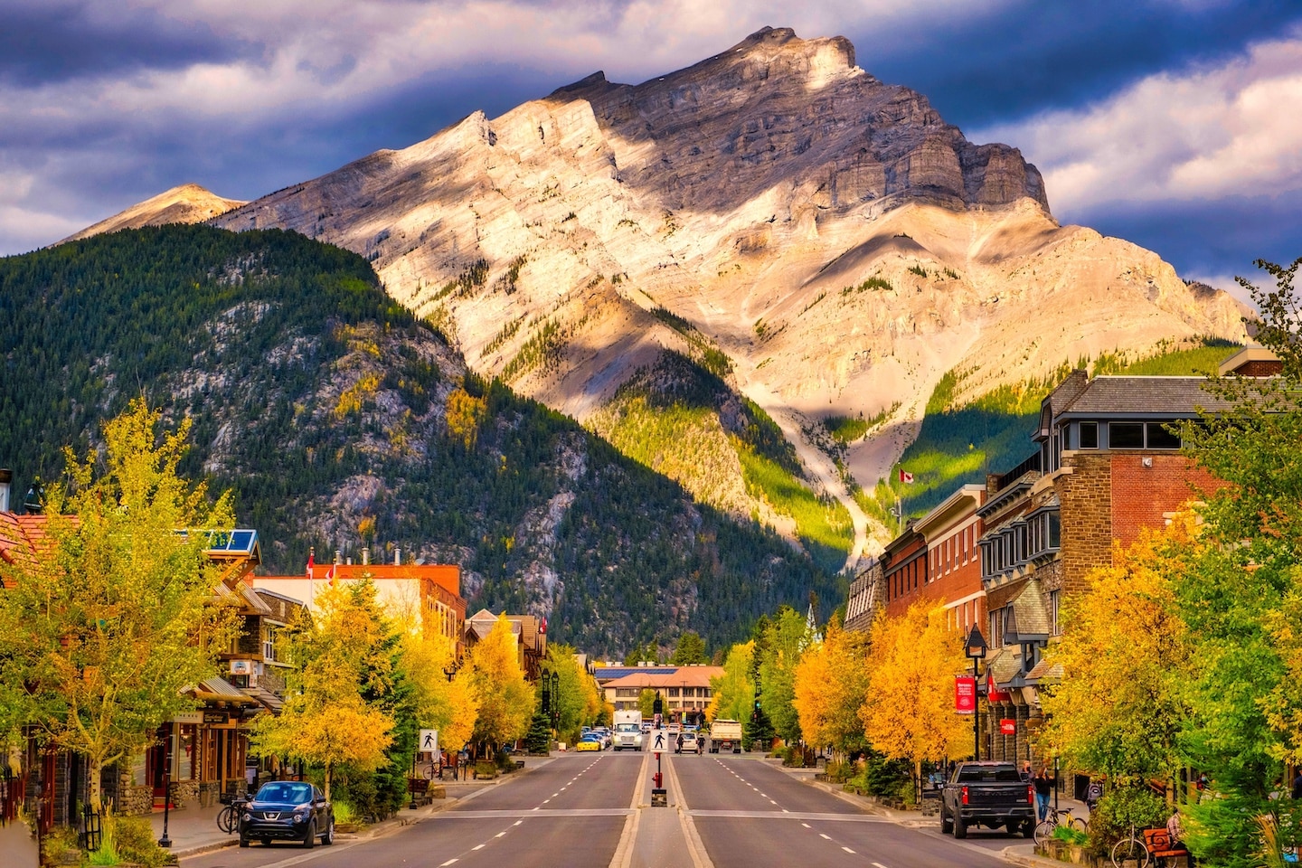 Looking Down Banff Ave Toward Cascade Mountain On A Fall Day With Great Light