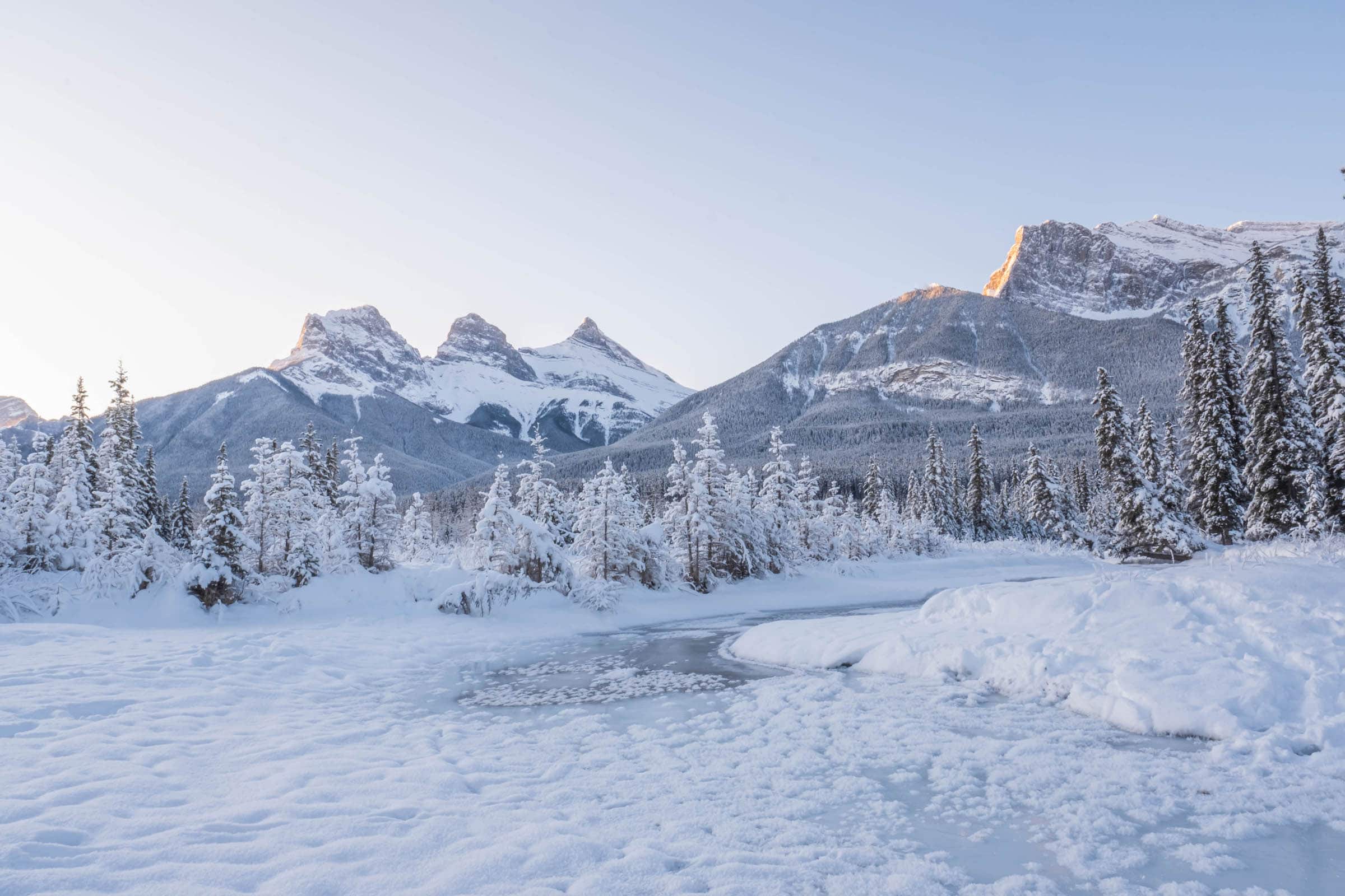 three sisters in canmore in winter