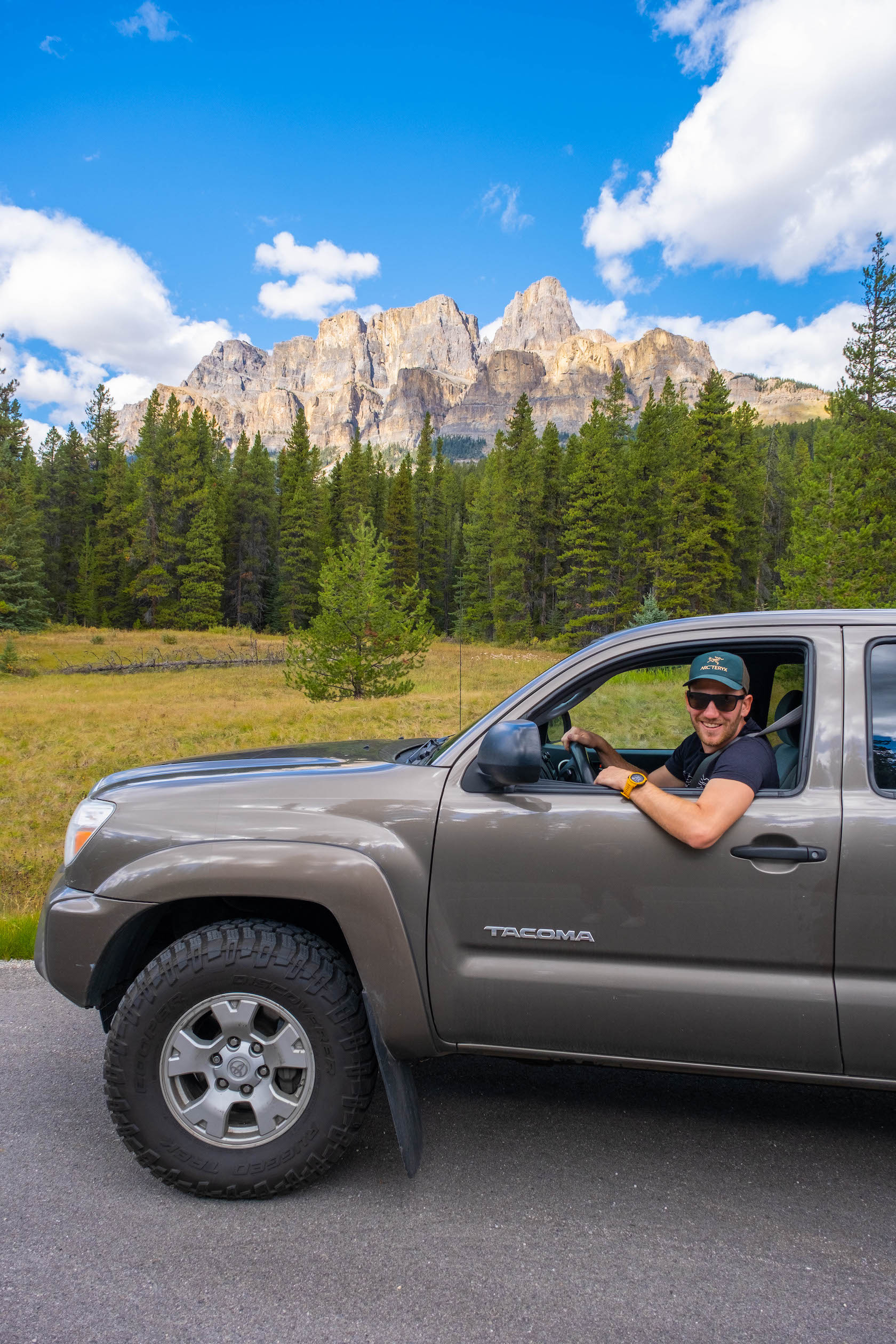 Driving the Bow Valley Parkway with Castle Mountain behind us