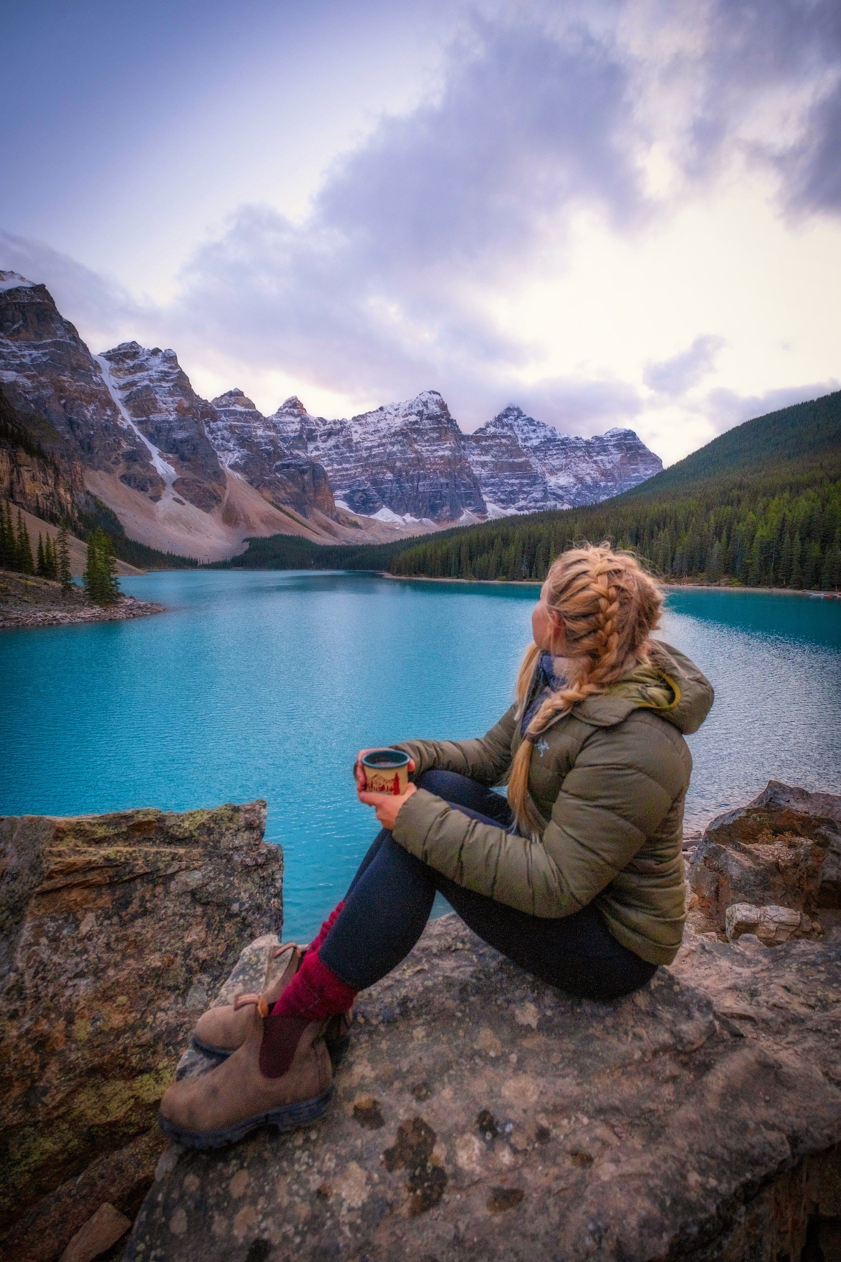 Hot cocoa at Moraine Lake in September