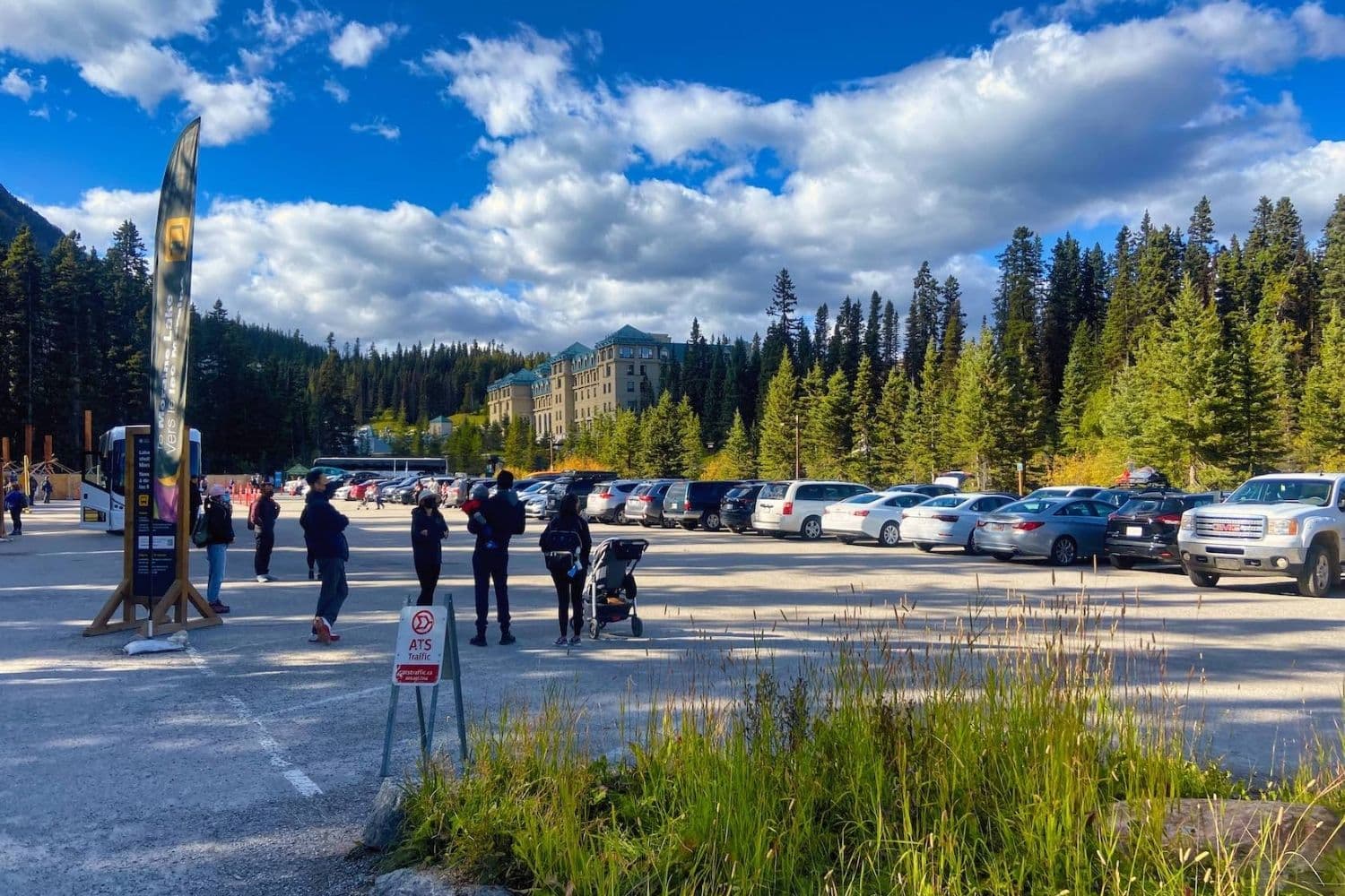 The parking lot at Lake Louise in the summer