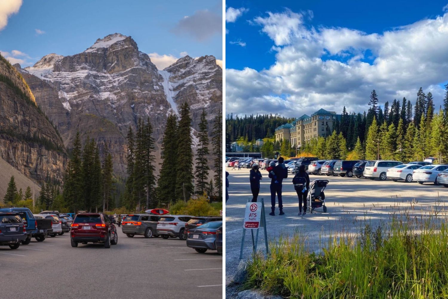 Moraine Lake Parking Area (Left) // Lake Louise Parking Lot (Right)