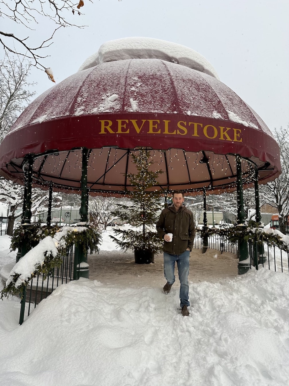 Cameron walking around Downtown Revelstoke