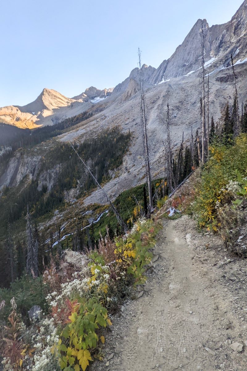 Switchback trail surrounded by mountains on the hike to Floe lake