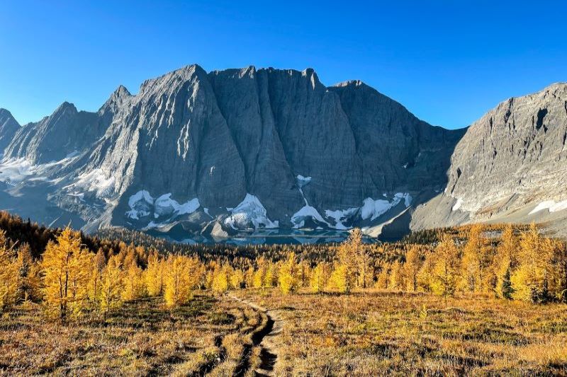 View of Floe Lake and Floe Peak in larch season on the trail from Numa Pass