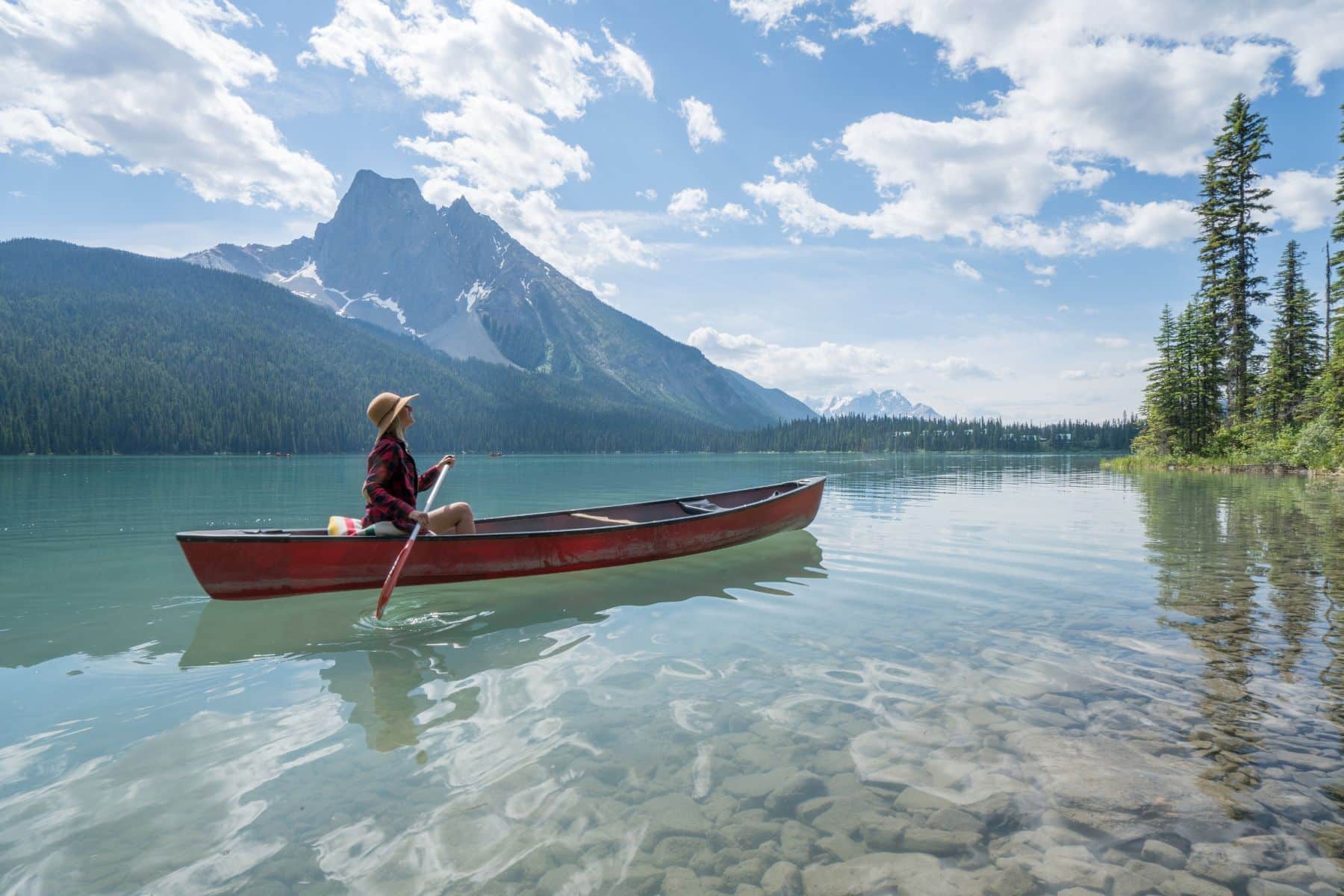 A Woman Paddling Along Emerald Lake