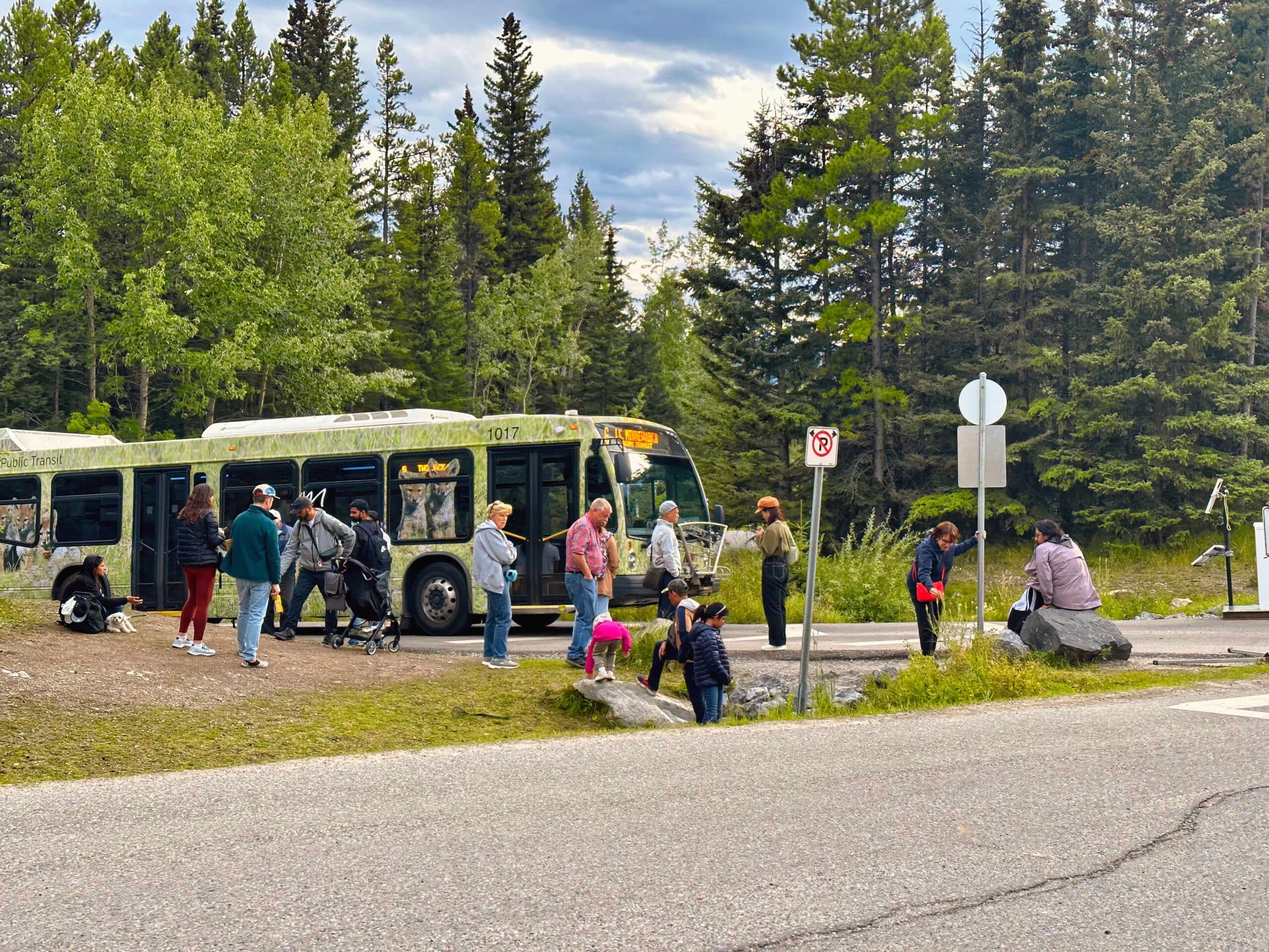 Bus stop by the parking lot at Lake Minnewanka