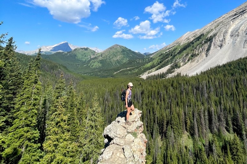 standing on a rocky outcrop above forests with mountains in the distance