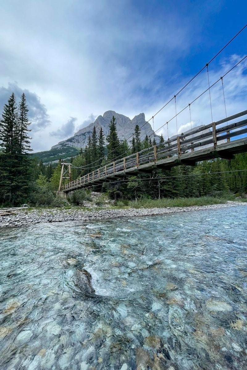 Wooden suspension bridge over Galatea Creek