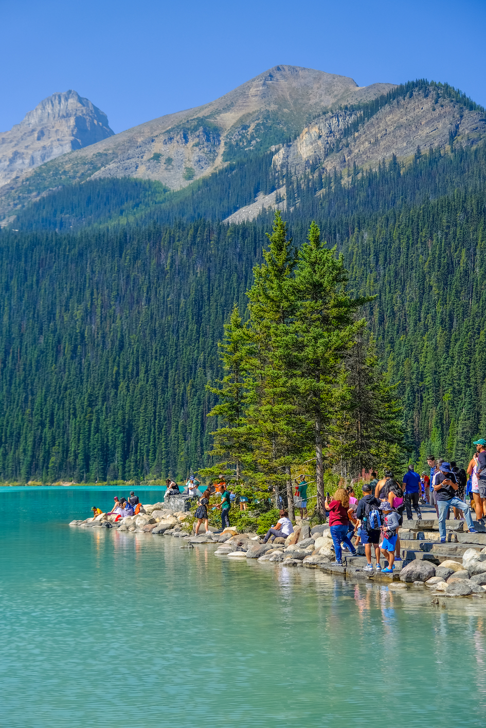 crowds at lake louise during the summer