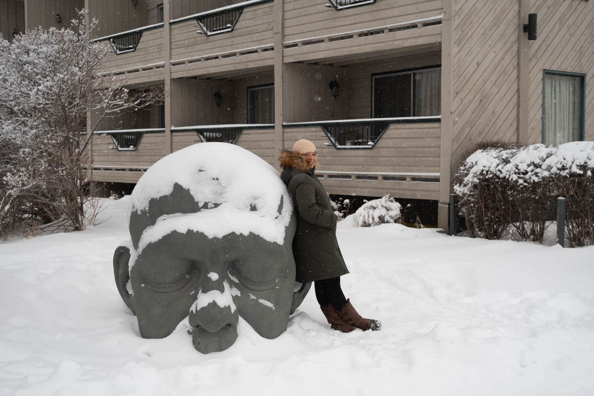giant head in Canmore in Winter