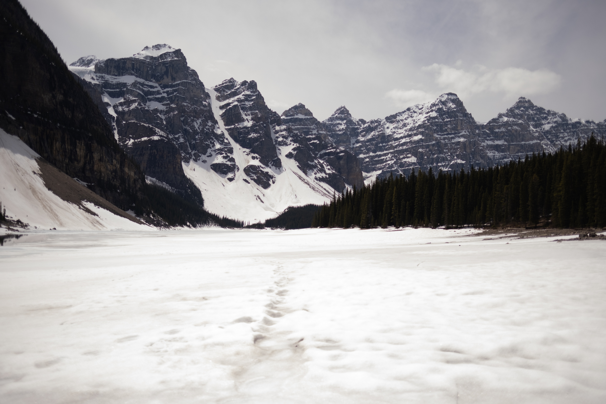 Snow covered Moraine Lake in May