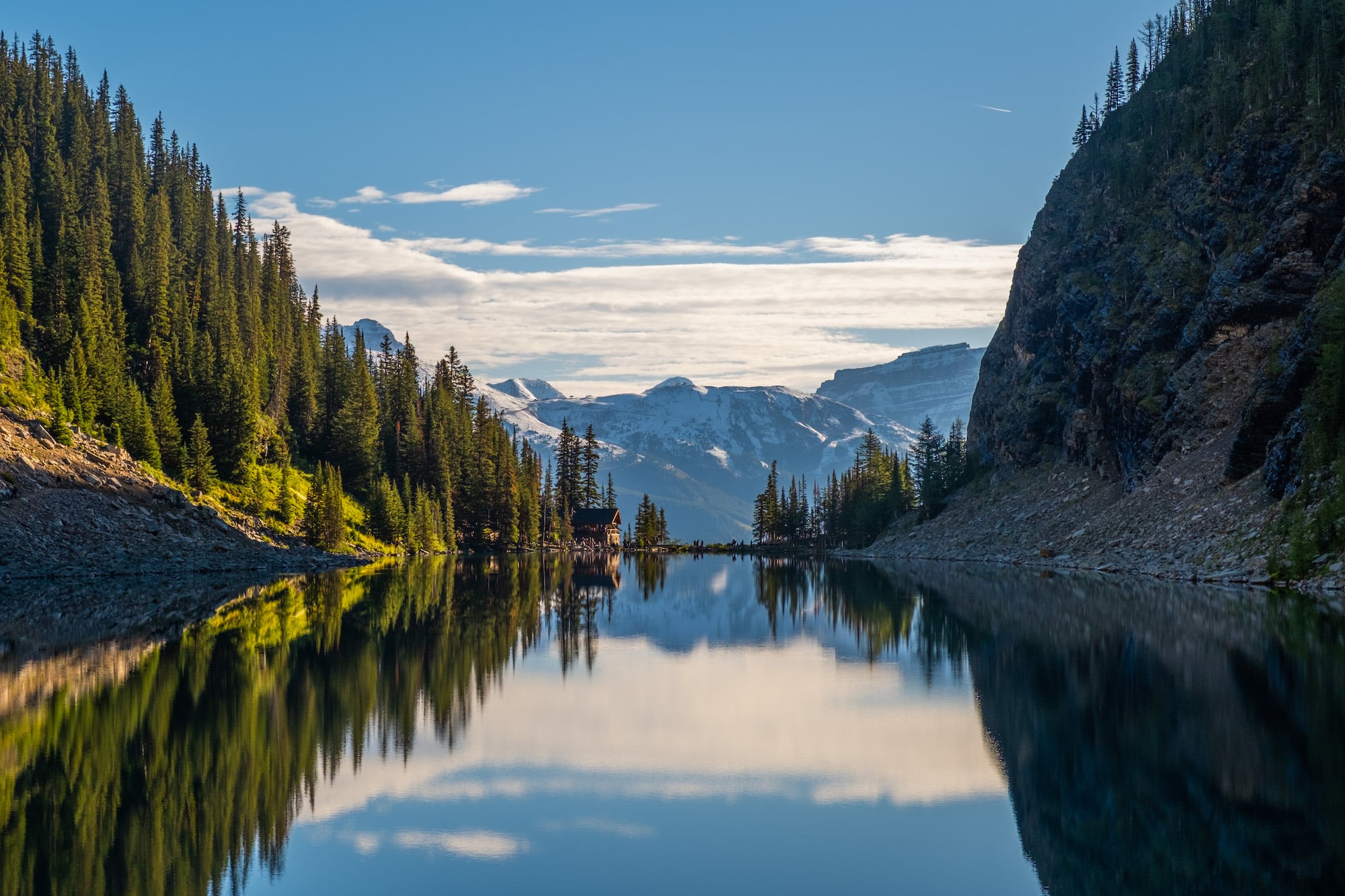 looking back on lake agnes teahouse at sunrise