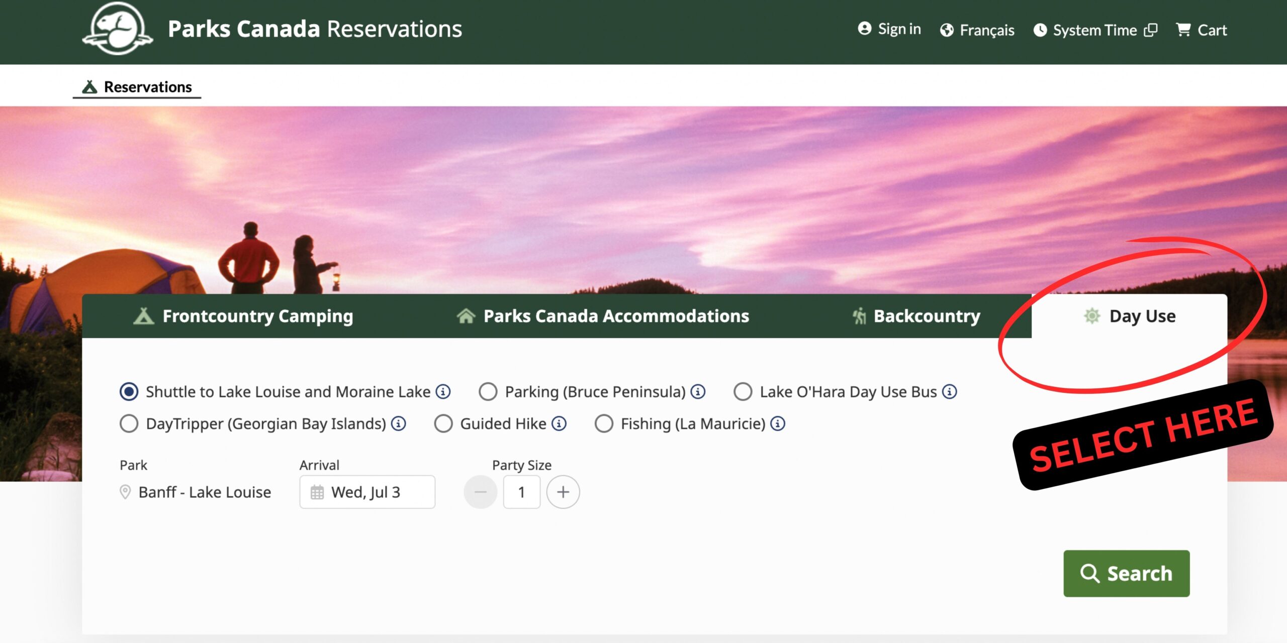 parks canada reservation page