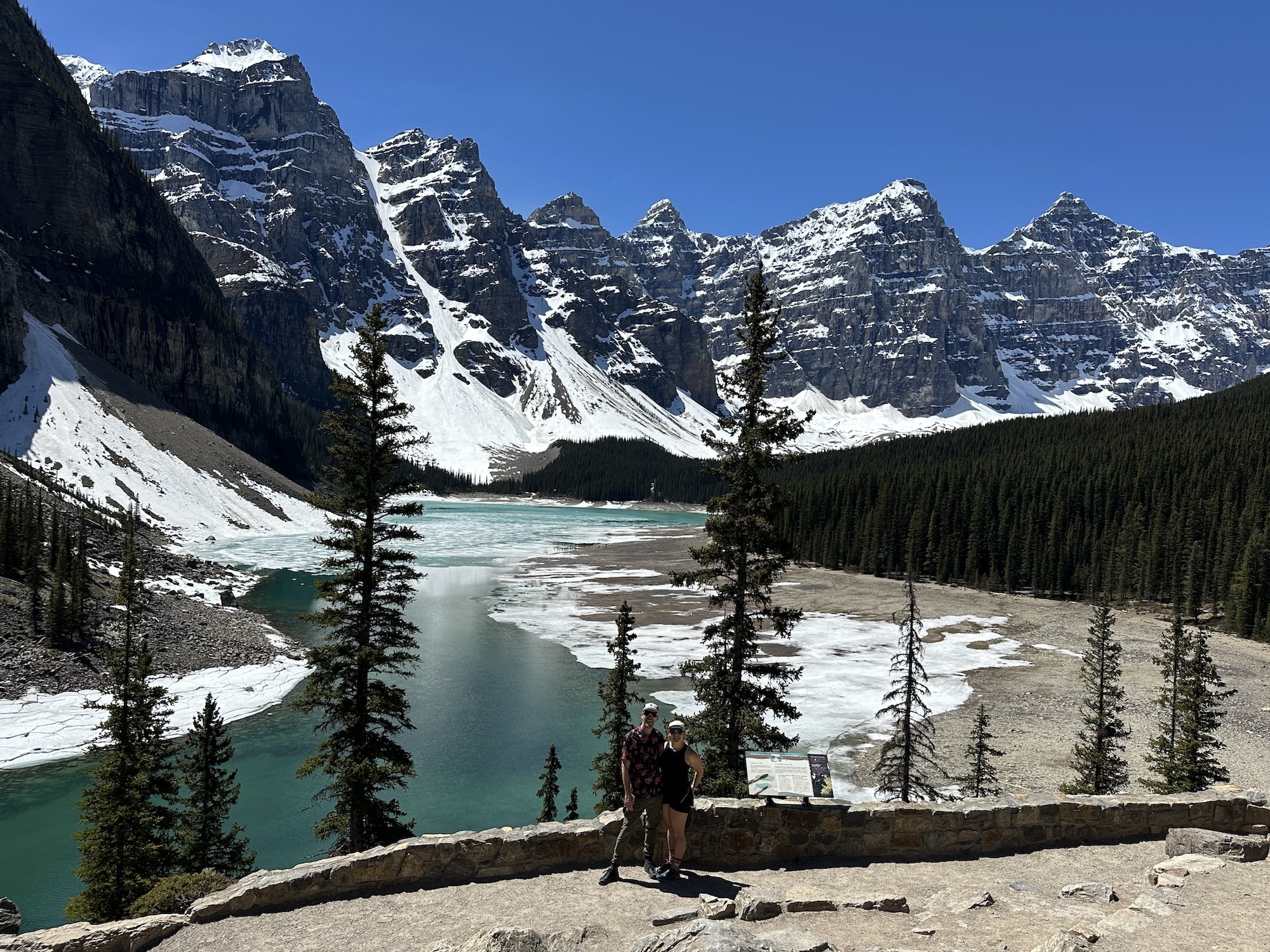 Moraine Lake the last week of May in 2025 (us after biking in)