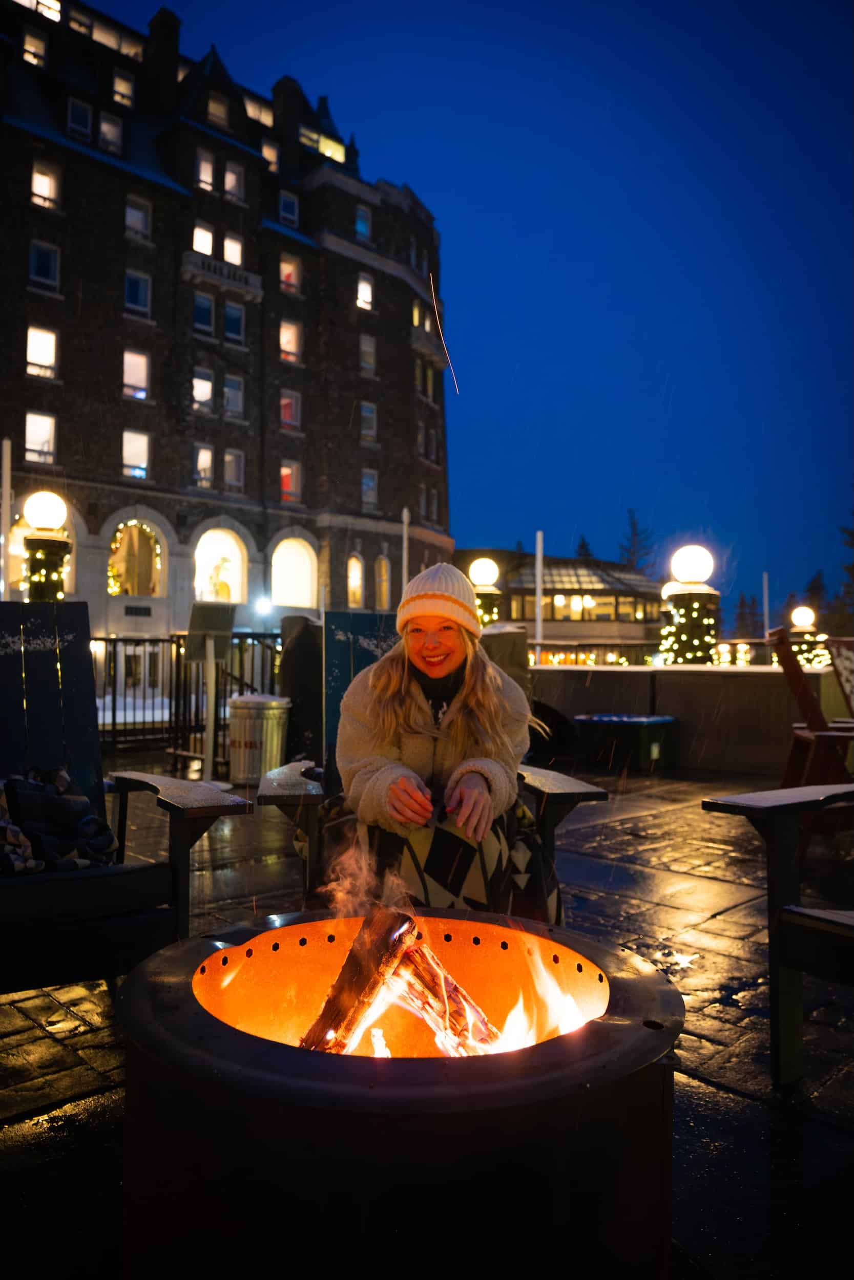 Enjoying a bonfire in the winter at the banff springs hotel