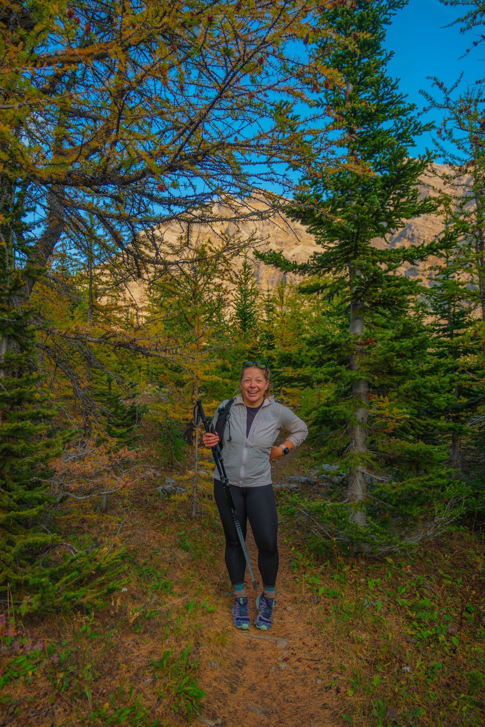 Larch trees and Natasha South Buller Pass trail
